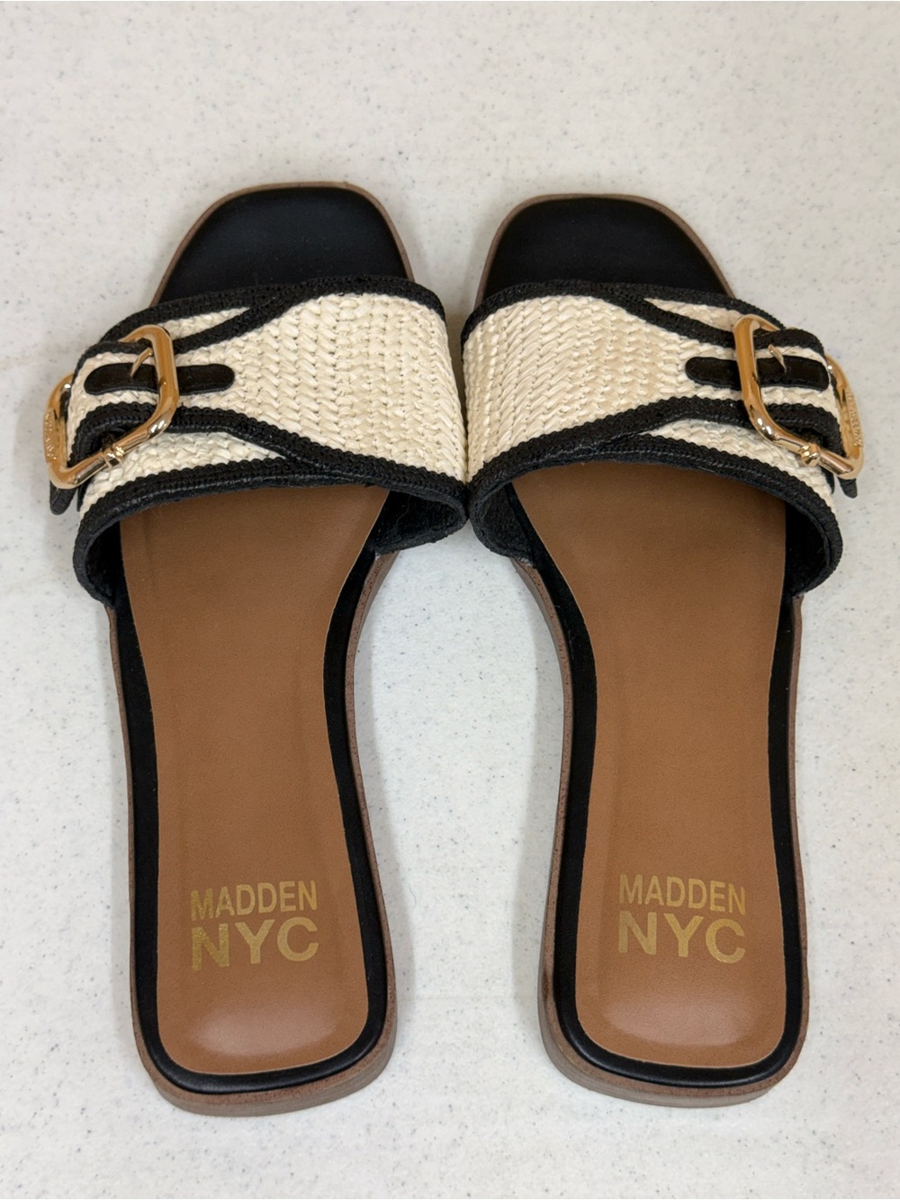 Madden NYC Women's Black & Cream Woven Slide Sandals